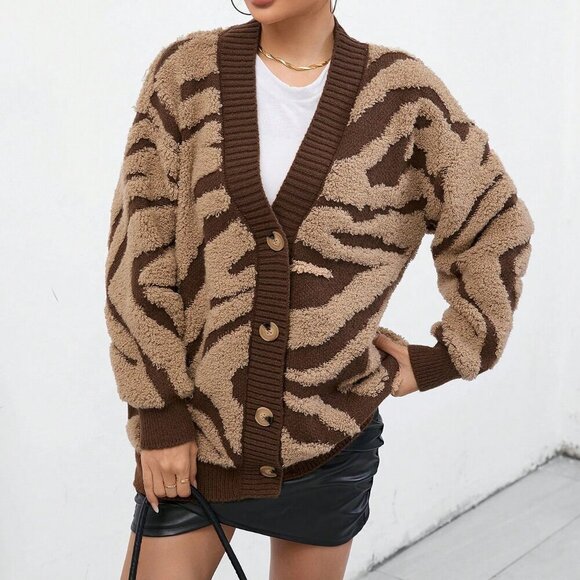 Brown Casual Women's Graphic zebra animal Print Drop Shoulder sweater Cardigan - Picture 4 of 6
